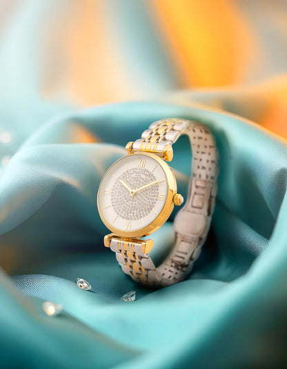 Evara Ivory Studded Dial Gold Watch