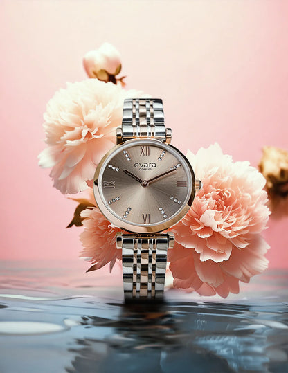 Evara Platinum Grey Dial Rose Gold Watch