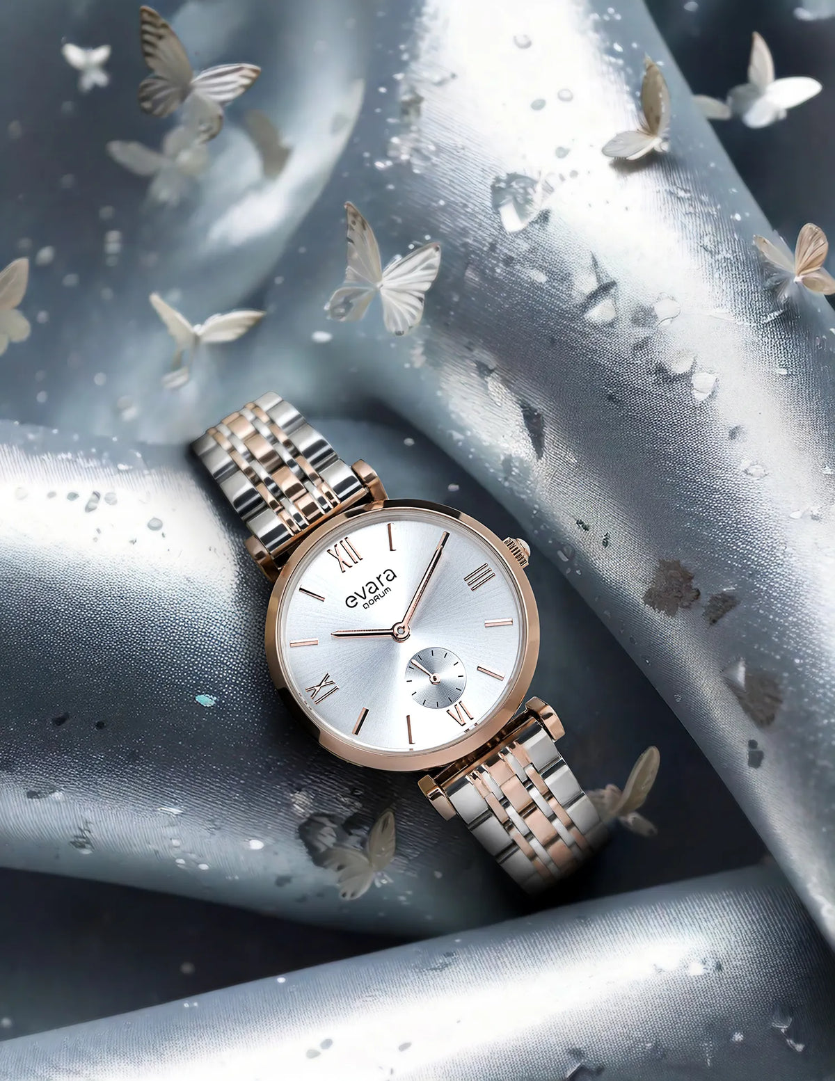 Evara Silver Dial Two-Tone Rose Gold Watch