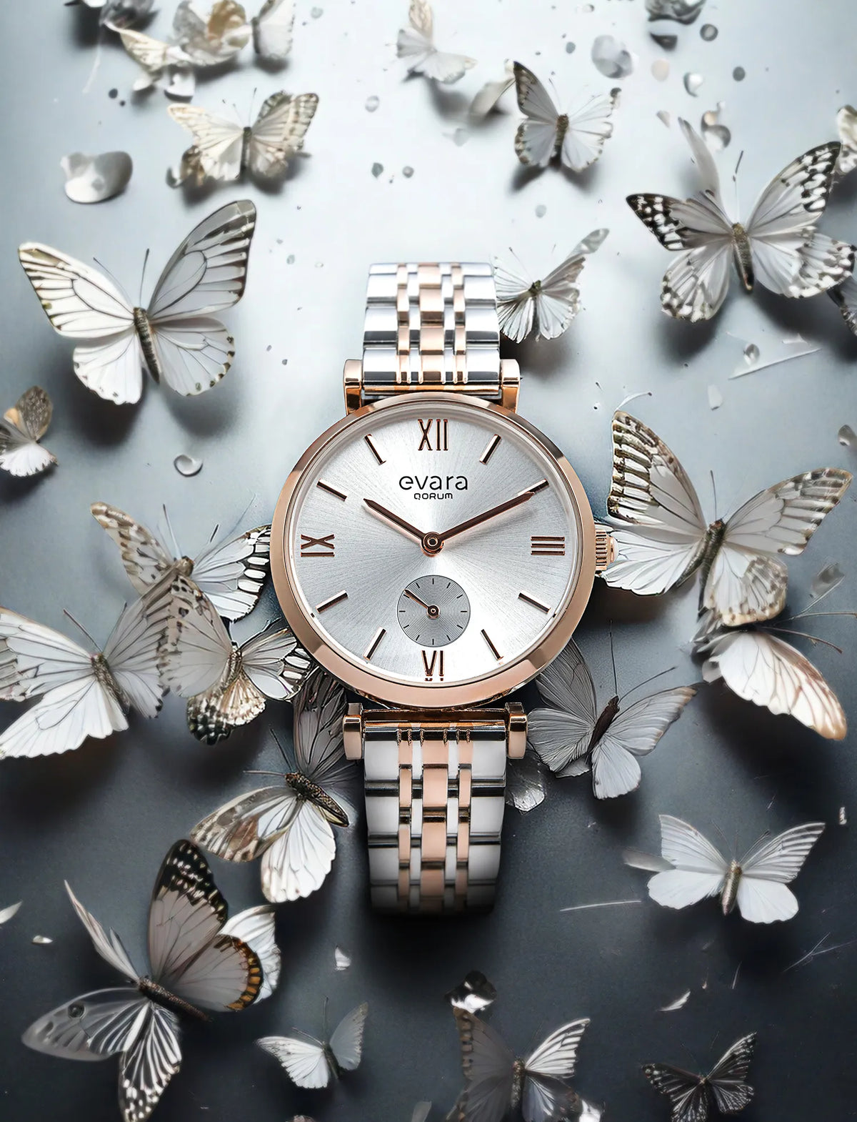 Evara Silver Dial Two-Tone Rose Gold Watch