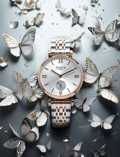 Evara Silver Dial Two-Tone Rose Gold Watch