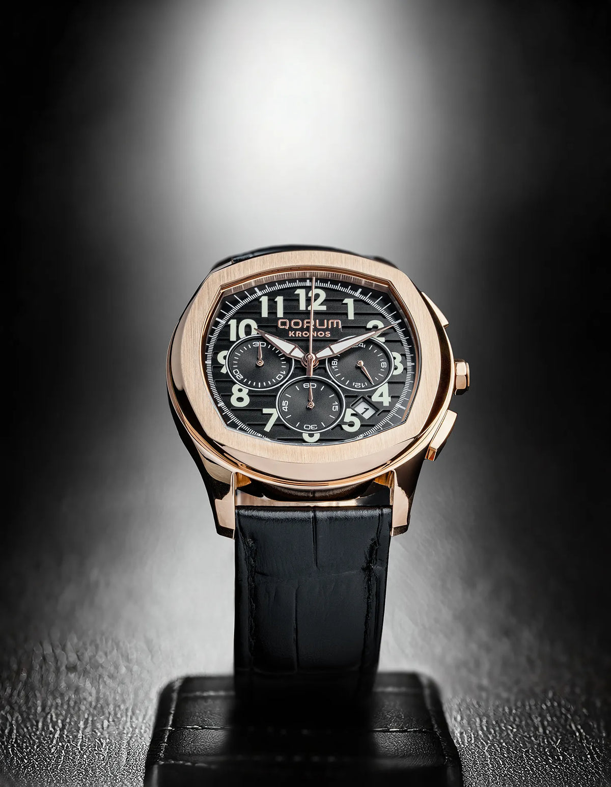Kronos Black Dial Leather Chronograph