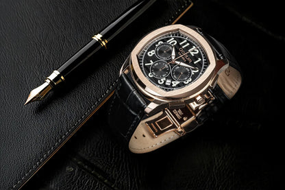 Kronos Black Dial Leather Chronograph