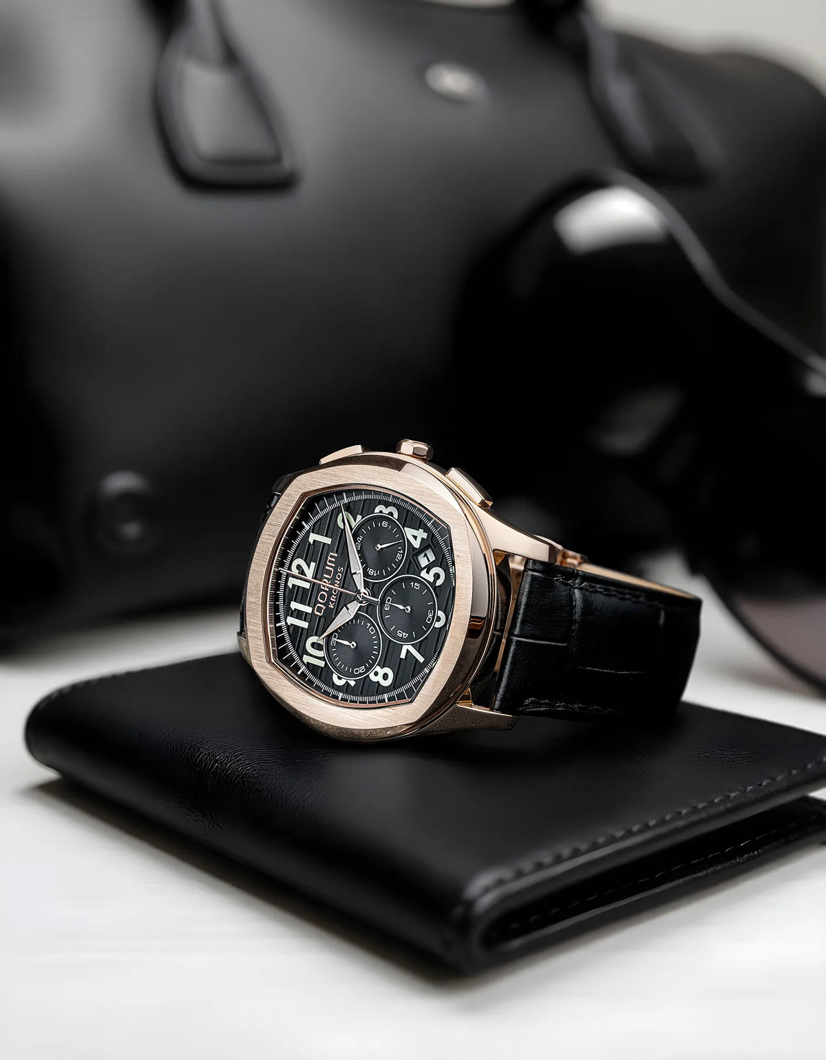 Kronos Black Dial Leather Chronograph