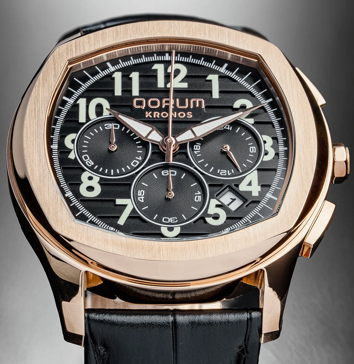 Kronos Black Dial Leather Chronograph