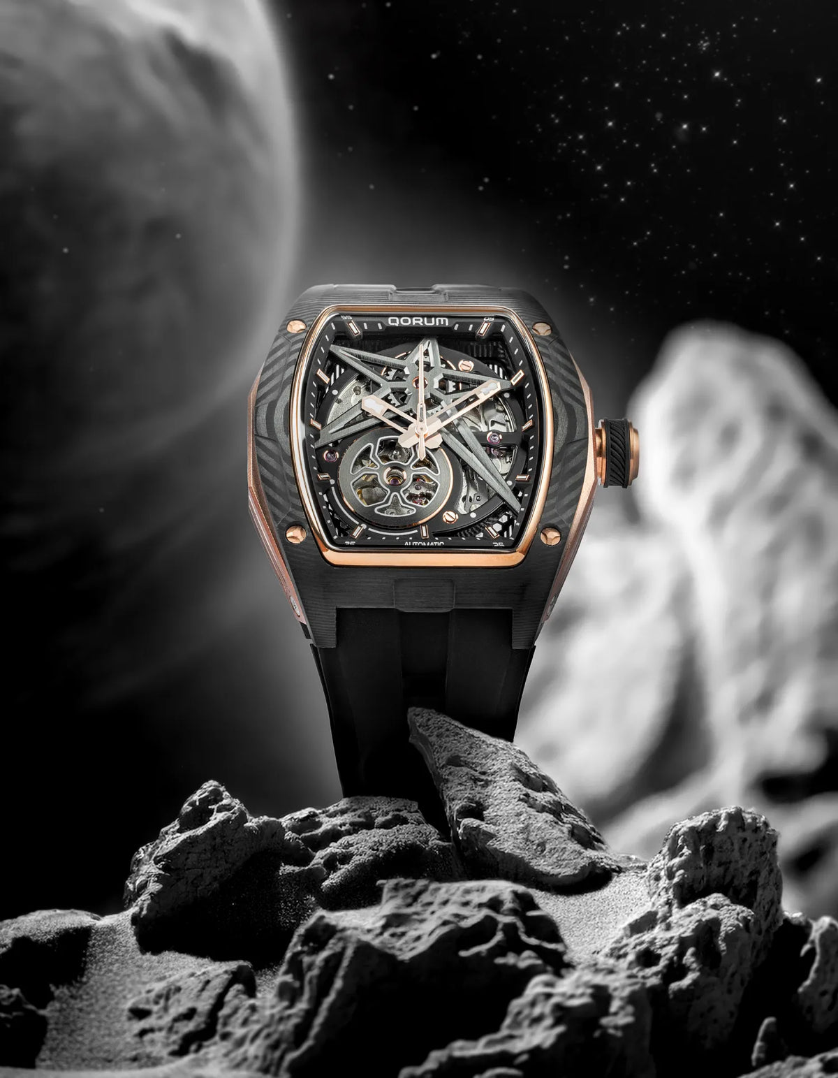 Equinox Black Dial Rose Gold Silicone Skeleton Watch