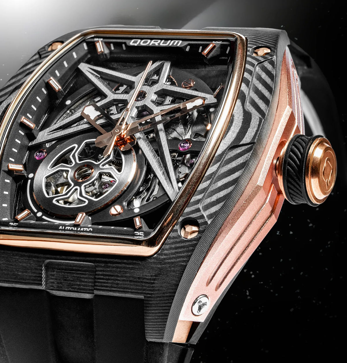 Equinox Black Dial Rose Gold Silicone Skeleton Watch