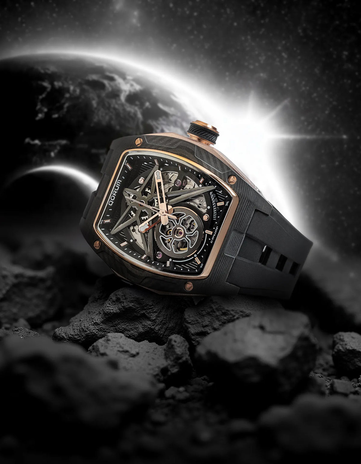 Equinox Black Dial Rose Gold Silicone Skeleton Watch