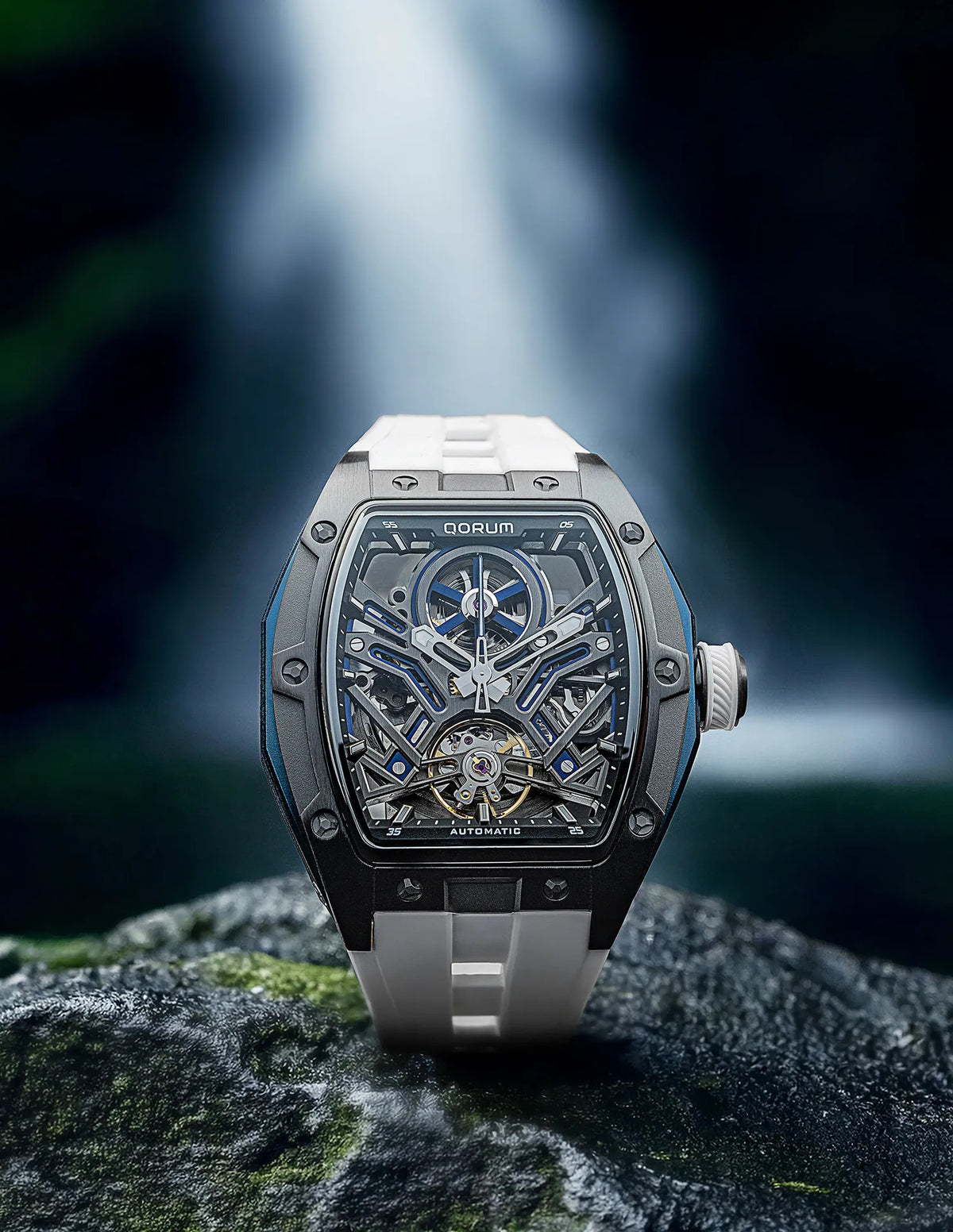 Equinox Black Dial Blue Detail White Strap Skeleton Watch