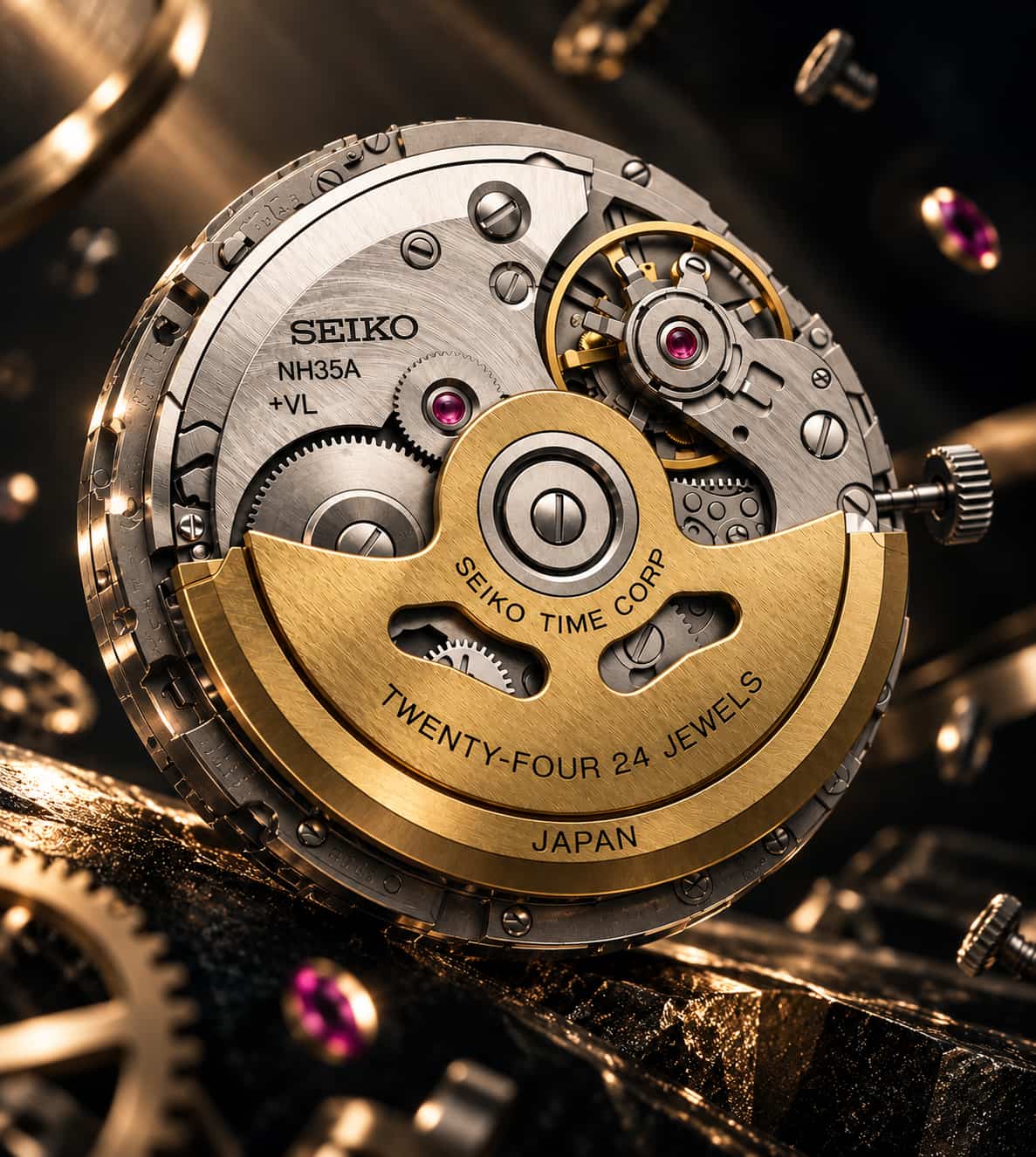Close-up of a Seiko mechanical watch movement with visible gears, bridges, screws, and jewel bearings, photographed in a dramatic macro composition with warm metallic tones.