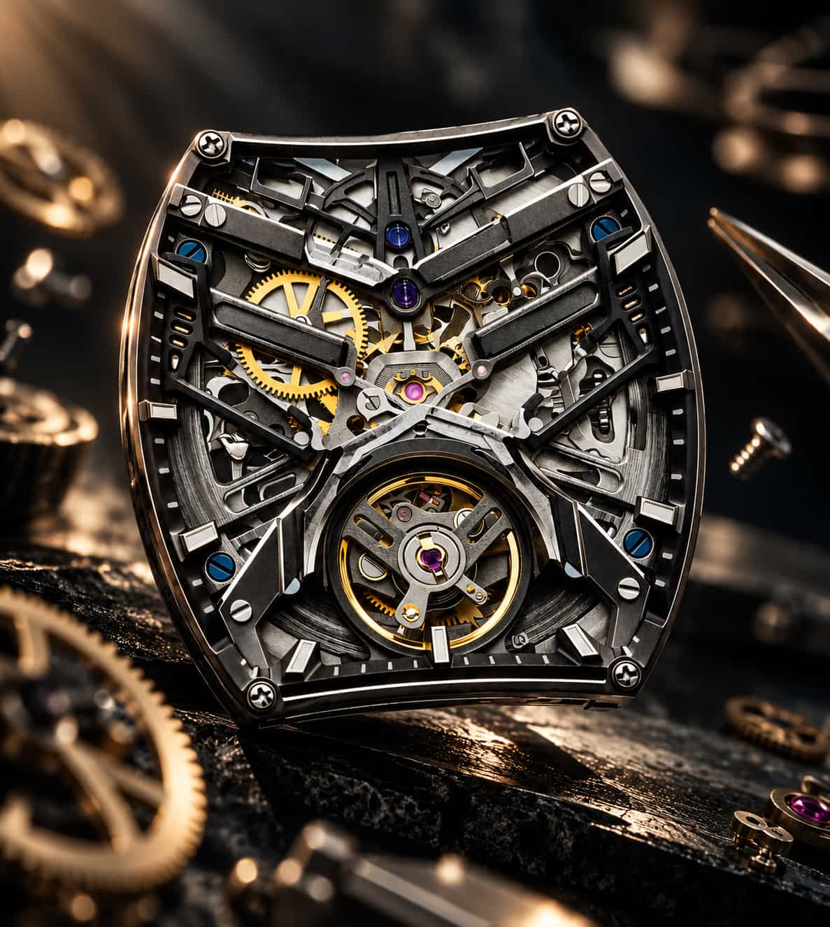 A close-up of a highly detailed skeleton watch with a shield-shaped case, showcasing intricate silver and gold mechanical gears, screws, and jewel bearings against a dark, moody background.