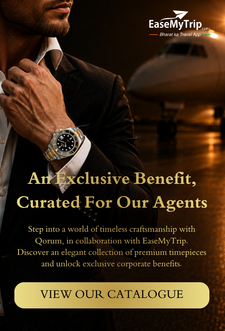 Promotional banner for the EaseMyTrip travel app featuring a close-up of a man in a black suit jacket adjusting his collar, wearing a gold and silver watch. The background is dark and moody with a blurred airplane on a runway.