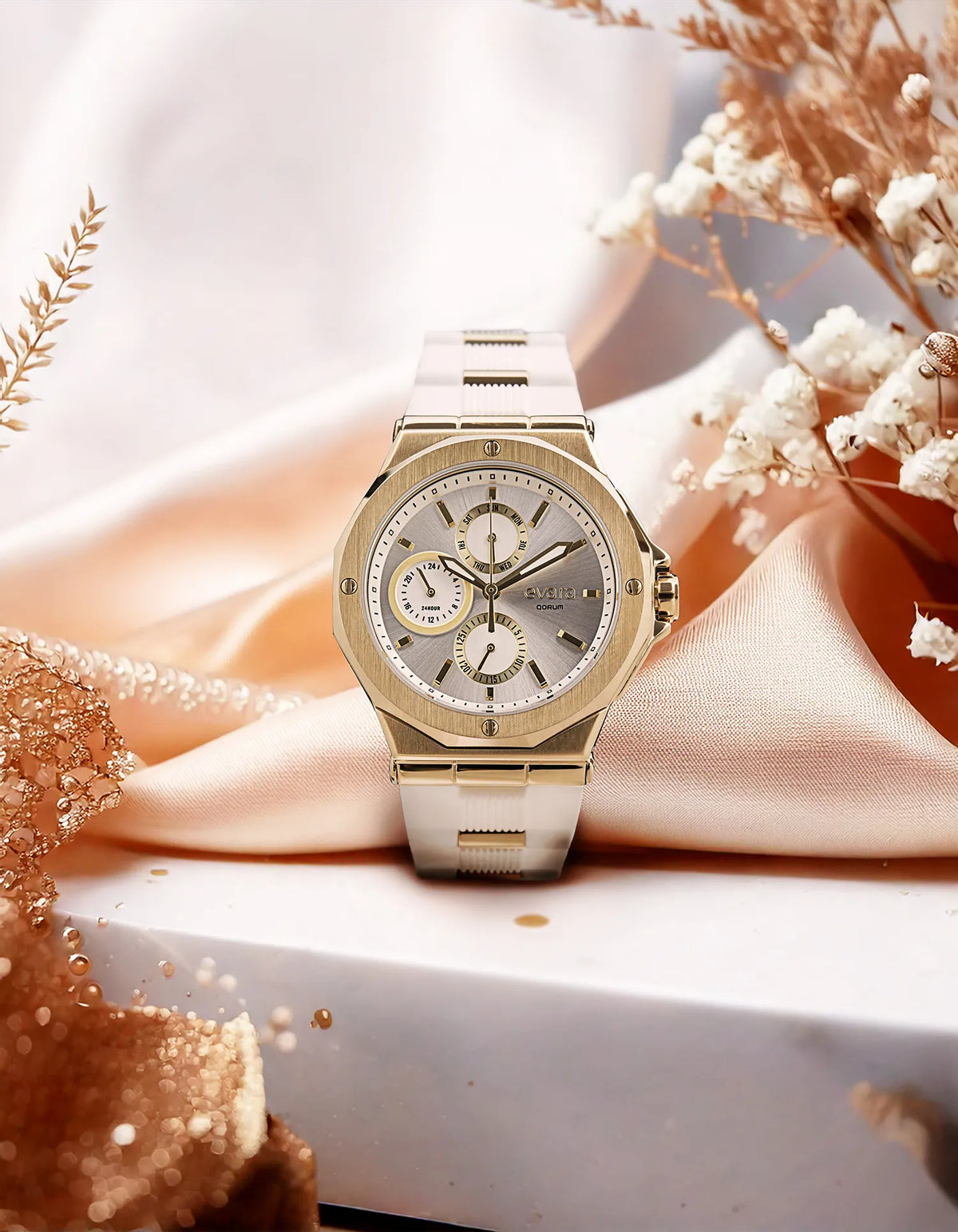 Evara White Dial Gold Watch