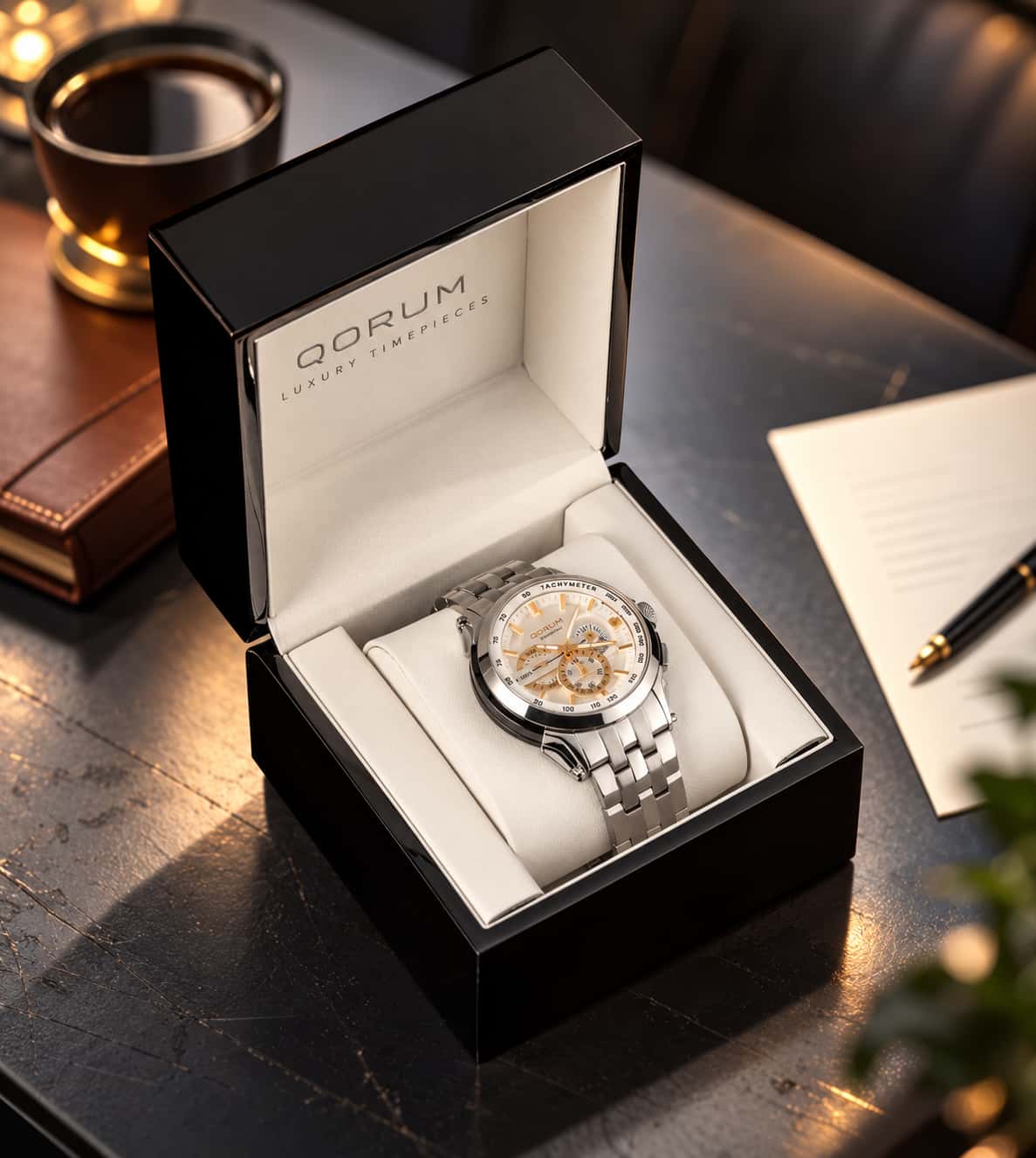 A luxury wristwatch with a silver-tone metal bracelet and a beige dial with gold-toned details, presented inside an open black QORUM box on a dark wooden table.