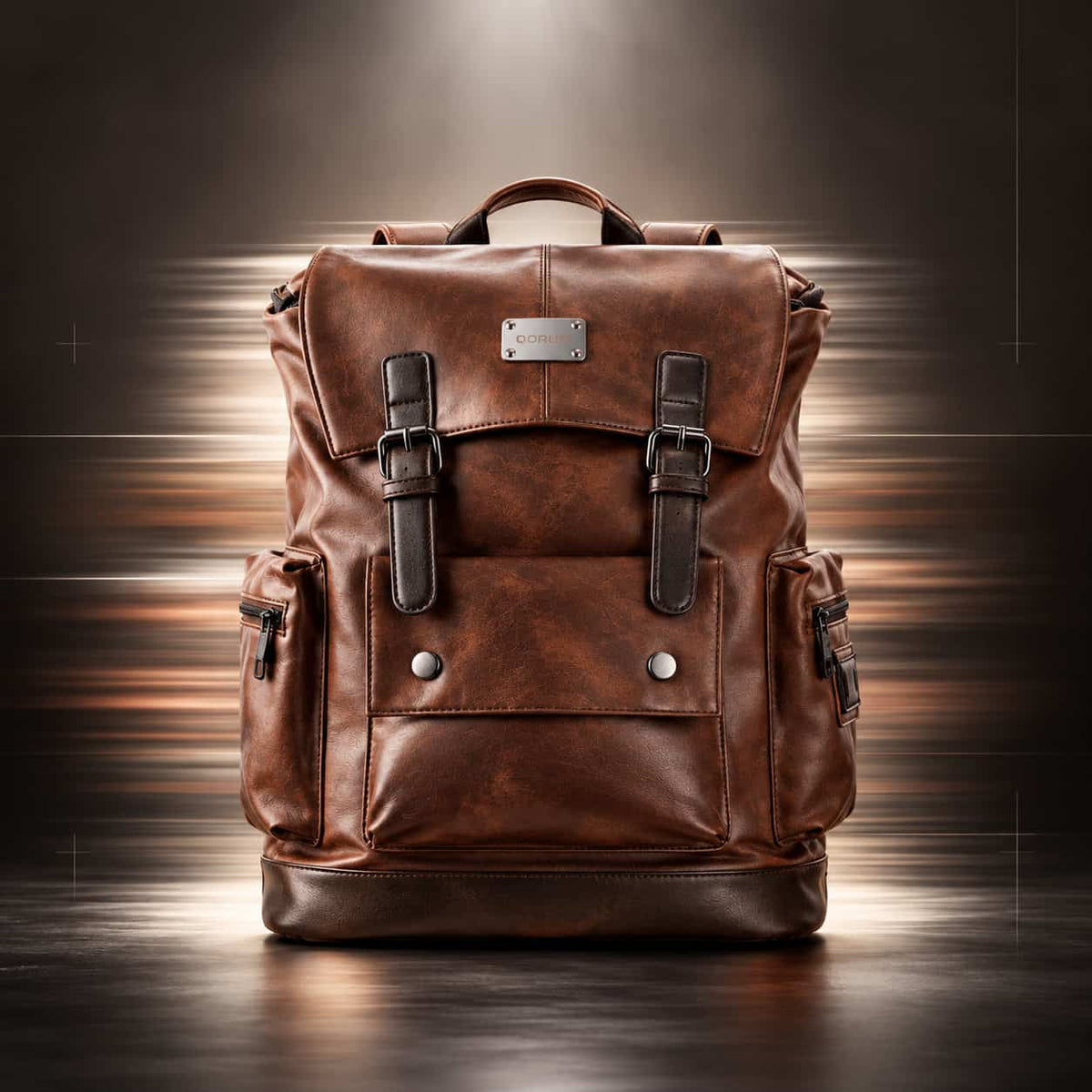 A brown leather backpack with dark brown leather straps and silver-tone hardware, centered against a dark studio background with dramatic light streaks.
