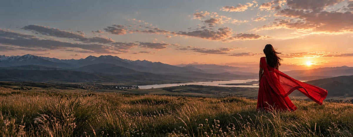 A woman in a flowing red dress stands on a grassy hillside at sunset, facing a mountain landscape with a river valley below. The sky is glowing orange and pink with scattered clouds.