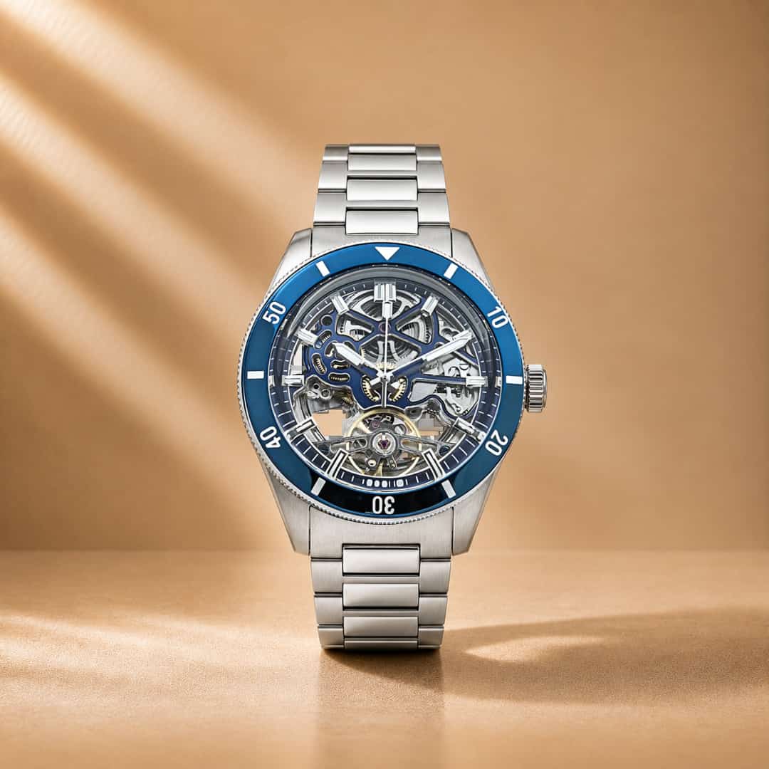 Equinox Steel Dial Blue Bezel Skeleton Watch
