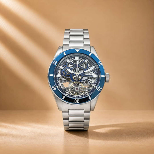 Equinox Steel Dial Blue Bezel Skeleton Watch