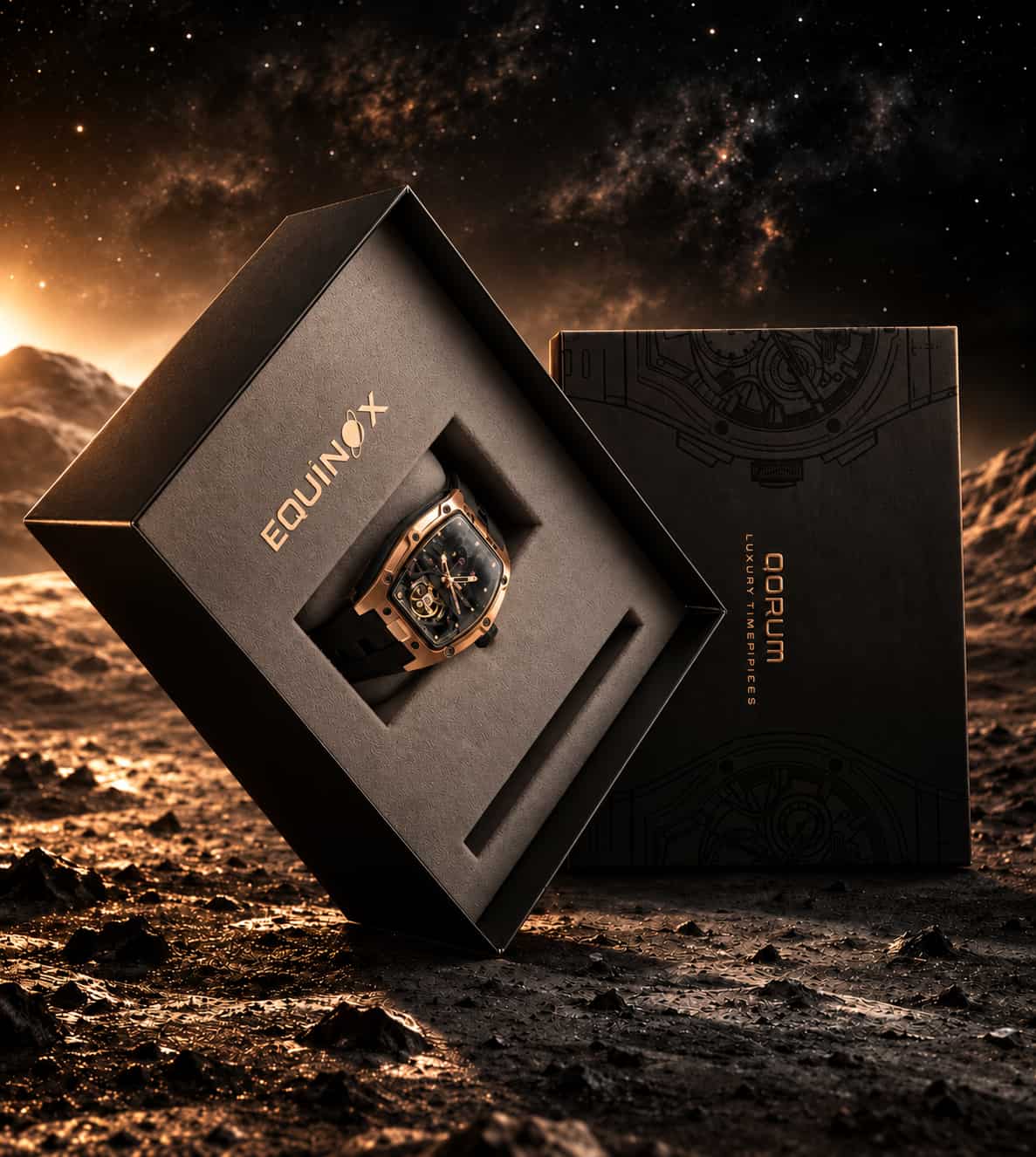 A luxury watch by EQUINOMX displayed inside an open black presentation box, with a second branded box standing behind it. The scene is set on a rocky desert surface under a dramatic starry sky, making it a lifestyle-style environment rather than a plain studio shot.