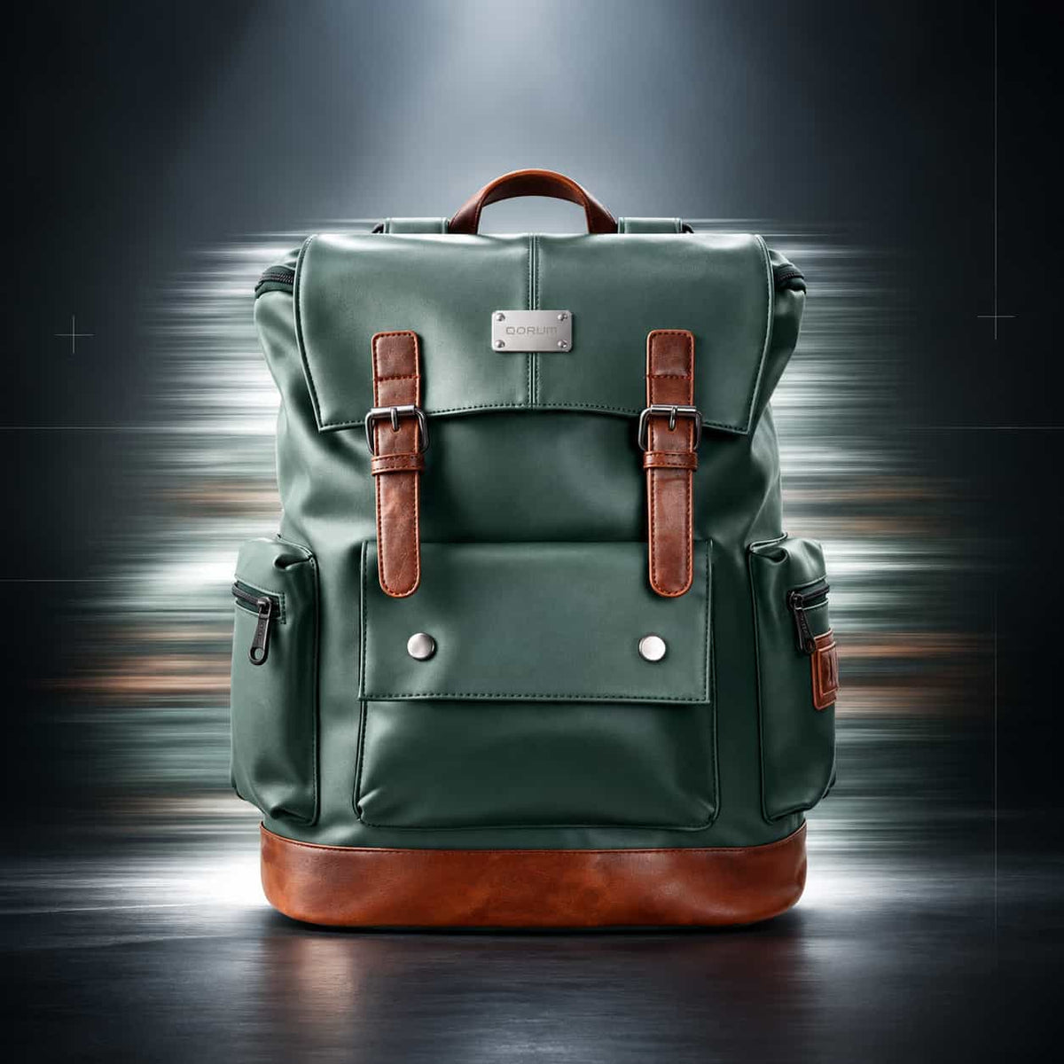 A dark green leather backpack with brown leather trim, buckle straps, and silver-tone hardware, centered against a dark studio background with motion-blur effects.