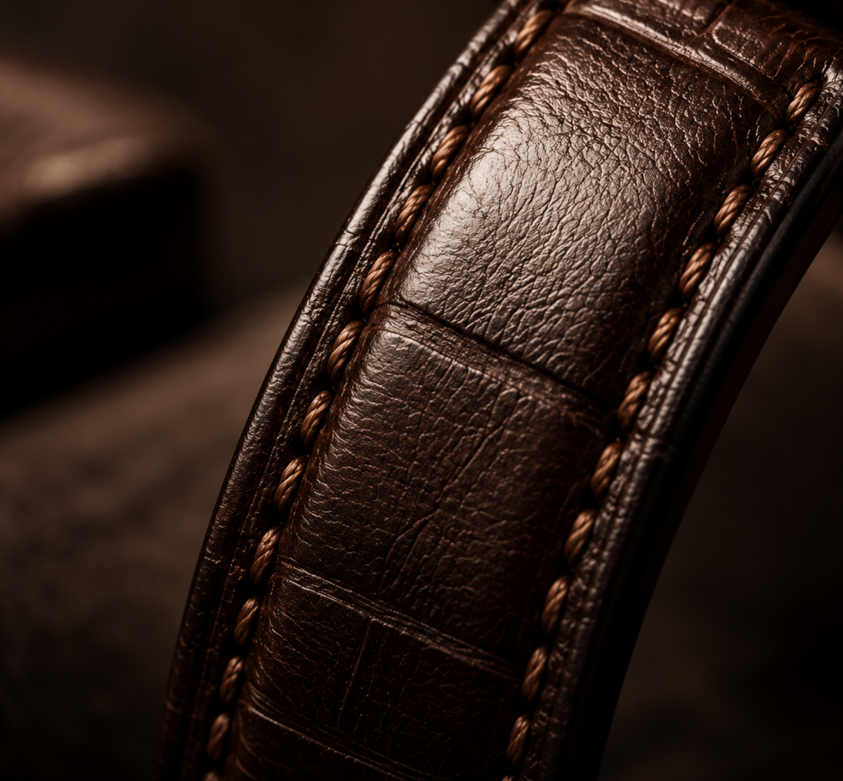 Close-up of a dark brown leather strap with textured crocodile pattern and contrast stitching, set against a dark blurred background.