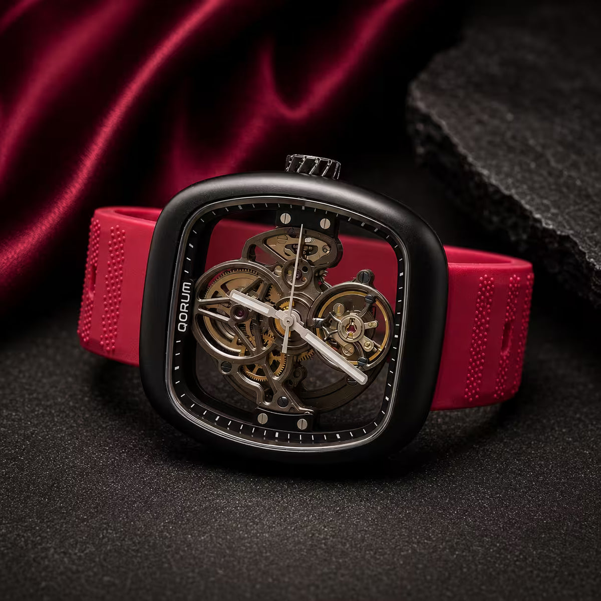 Equinox Black Dial Square Case Skeleton Watch