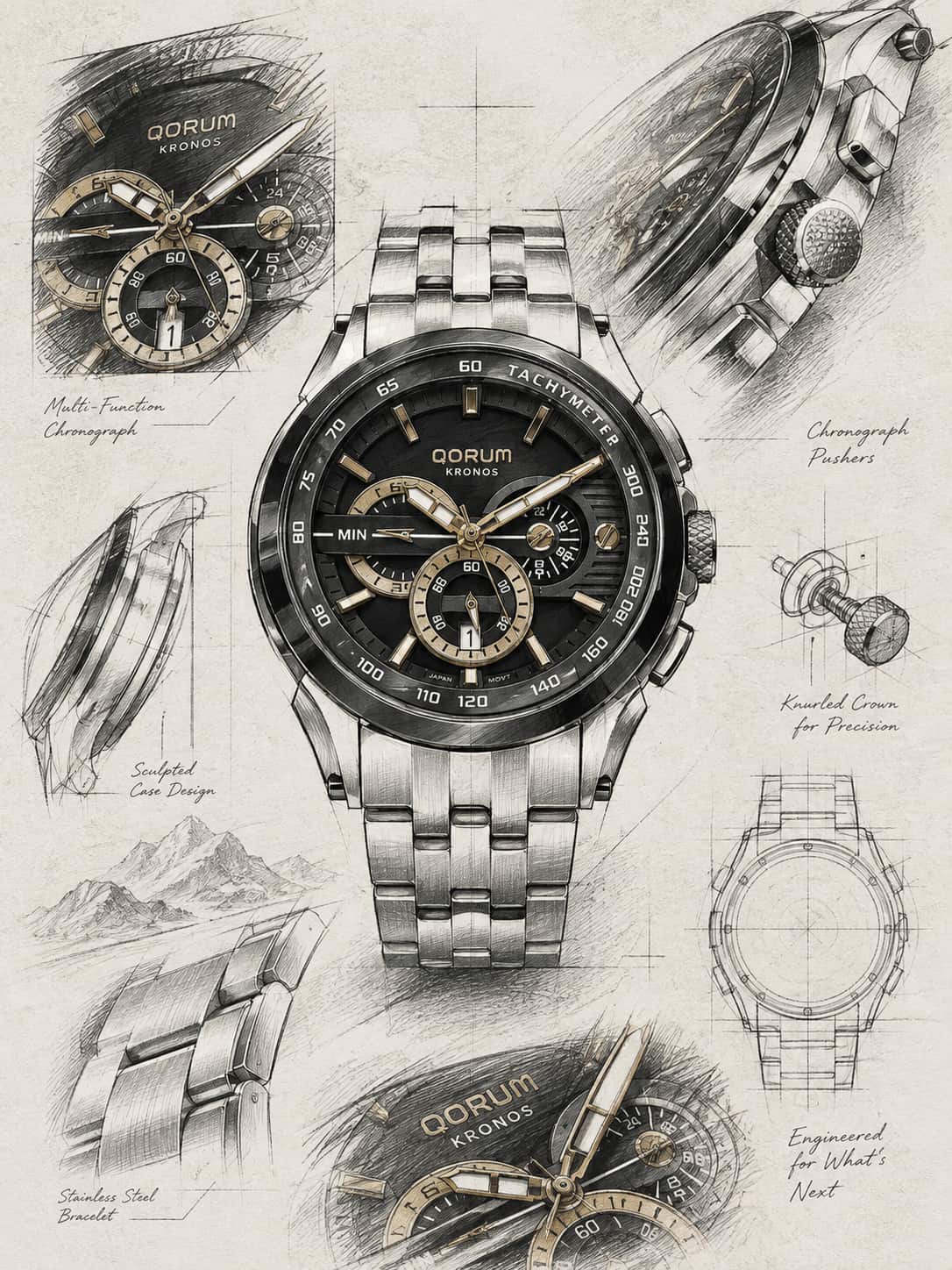 A silver stainless steel wristwatch with a black dial and gold-tone details is centered on a vintage-style sketch background showing watch design illustrations and technical notes. The watch brand 'QORUM' is visible on the dial.
