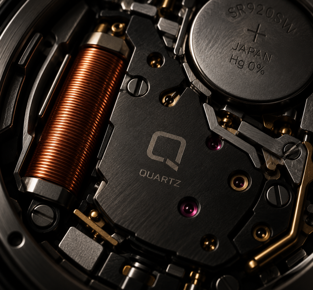 Close-up of a watch movement showing internal mechanical components, including a copper coil, black and silver plates, screws, and a round battery with 'SR920SW JAPAN Hg 0%' printed on it. The word 'QUARTZ' is visible on the central plate.