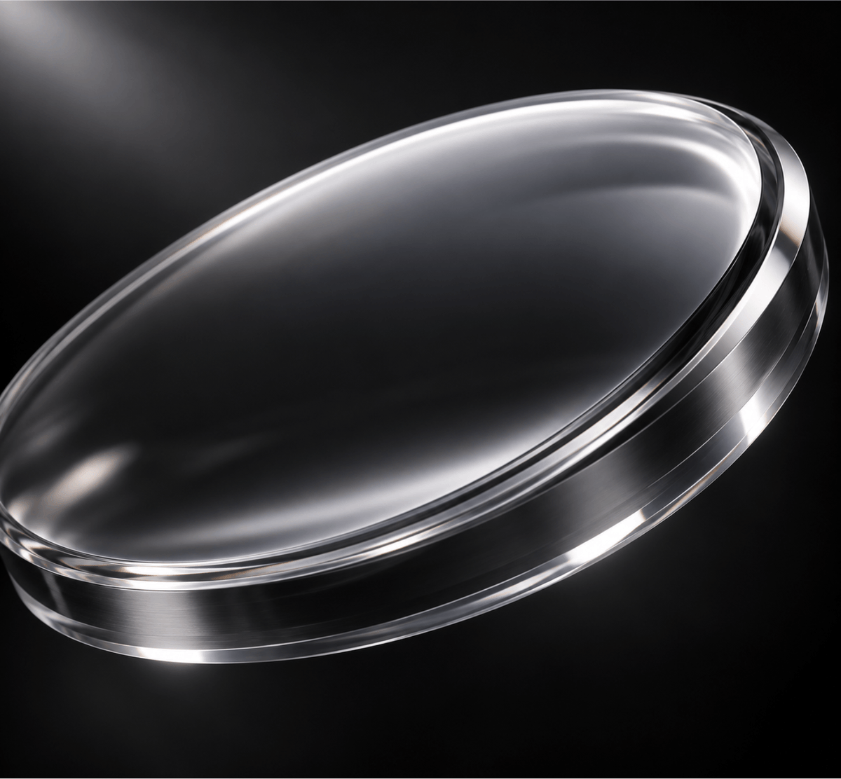 A clear, oval-shaped glass or acrylic dish with a thick, polished rim, shown at an angle against a dark, reflective background.