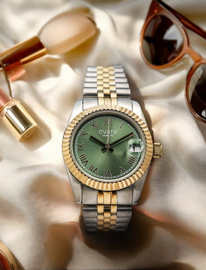 Evara Gold Two-Tone Green Dial Watch 