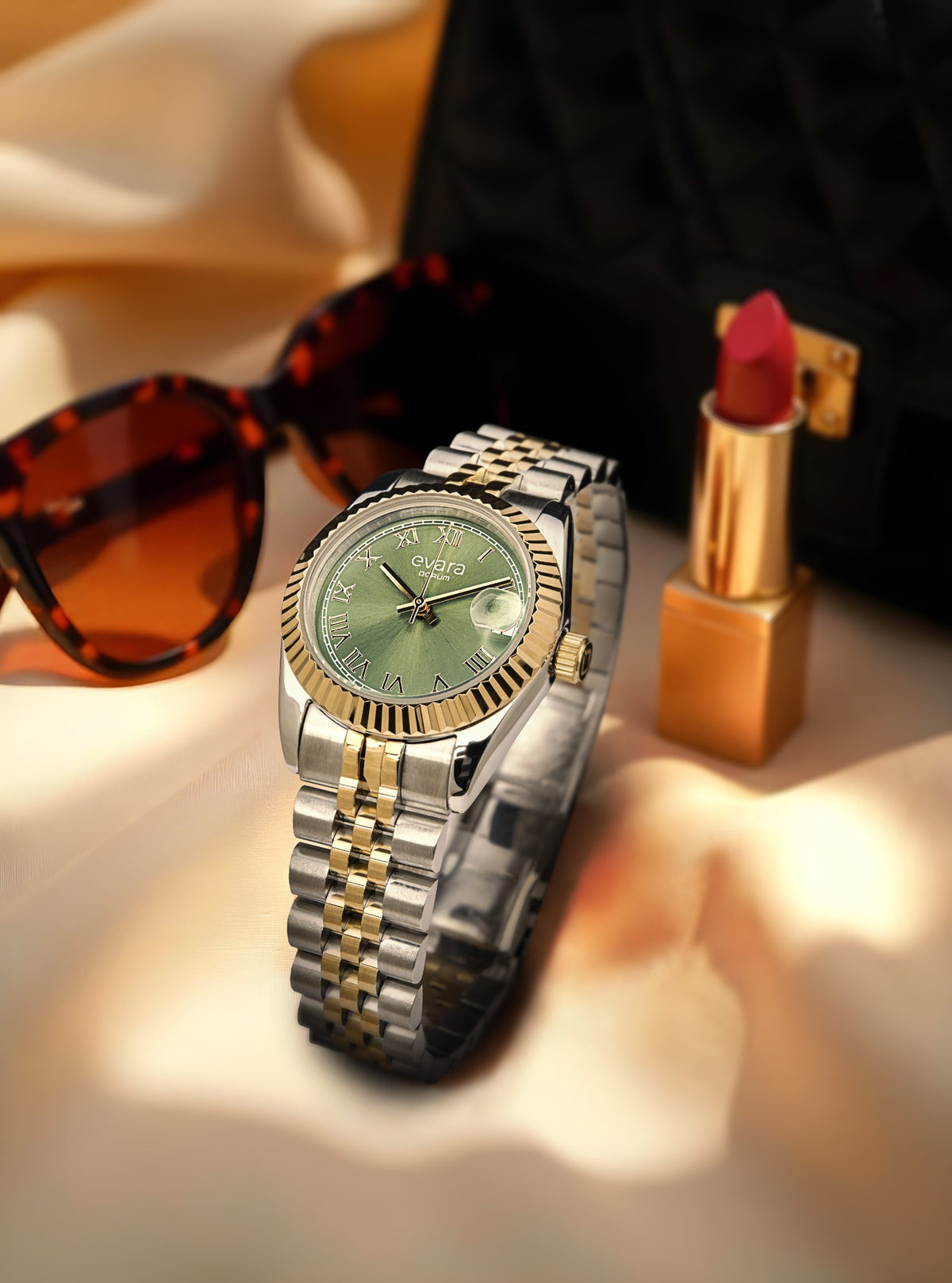 Evara Gold Two-Tone Green Dial Watch 