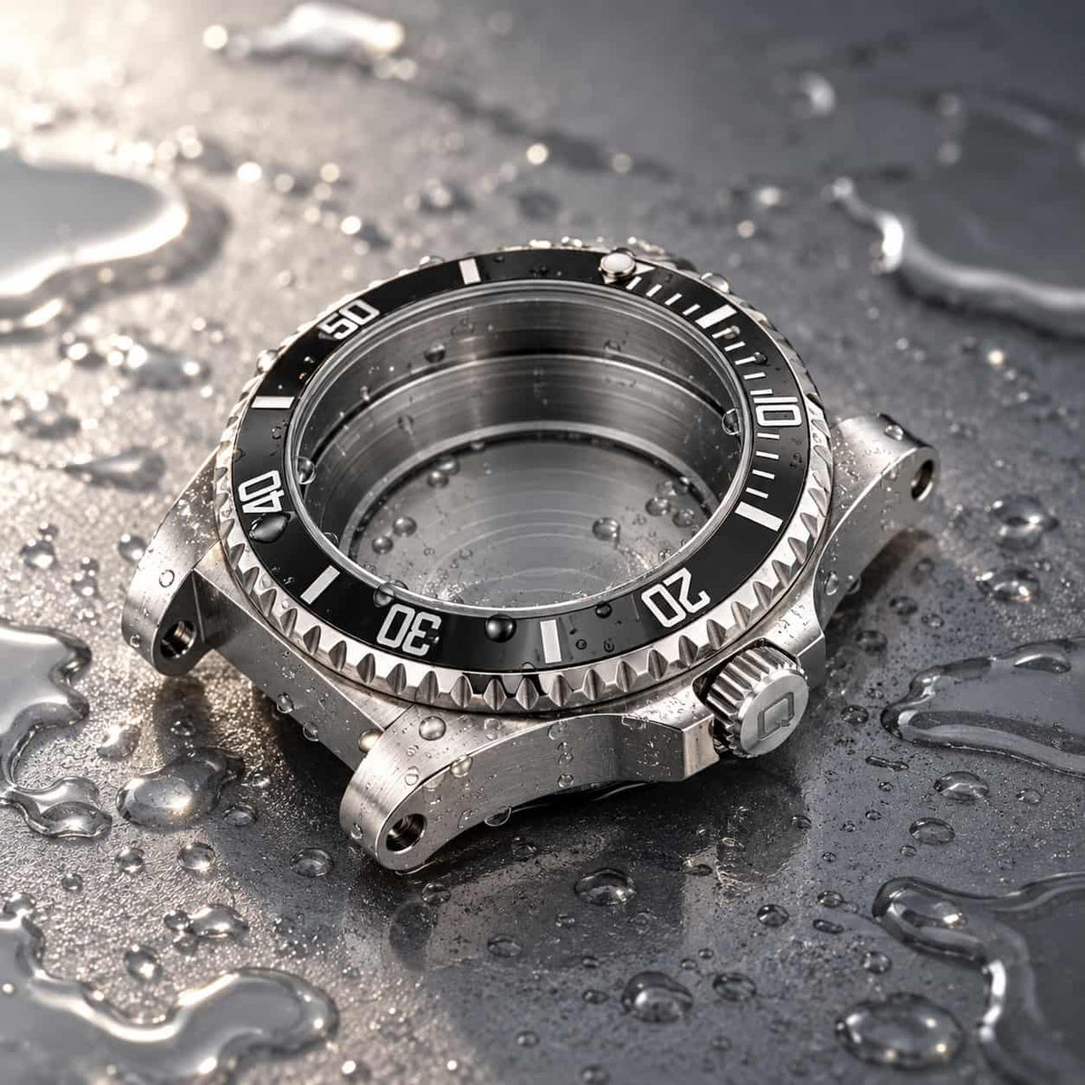 A silver stainless steel watch case with a black rotating bezel, photographed on a wet dark surface with water droplets.